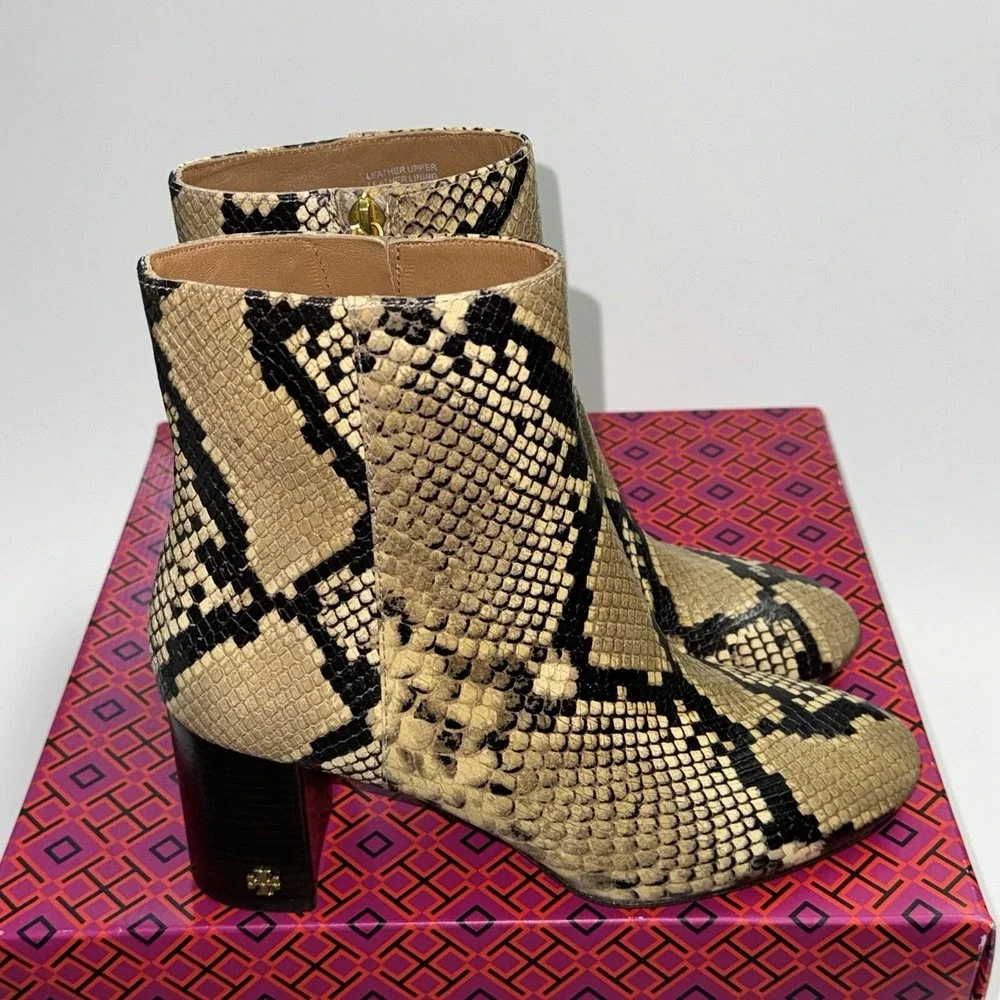 Tory Burch Brooke Bootie Ankle Boots 70MM Round Toe Leather Snake NEW Women's 6